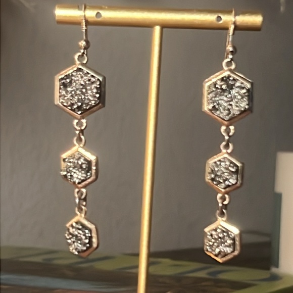 3 tier dangle earrings gold and black sparkle quartz rock octagon shaped 3” long - Picture 8 of 14